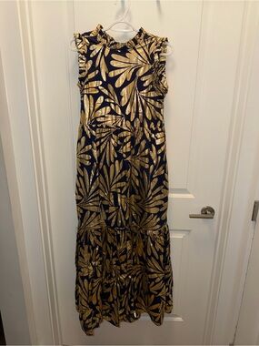 Jude Connally Navy and Gold Sleeveless Ruffle Maxi Dress